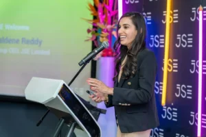 JSE Investment Challenge Group CEO Valdene Reddy delivering a speech