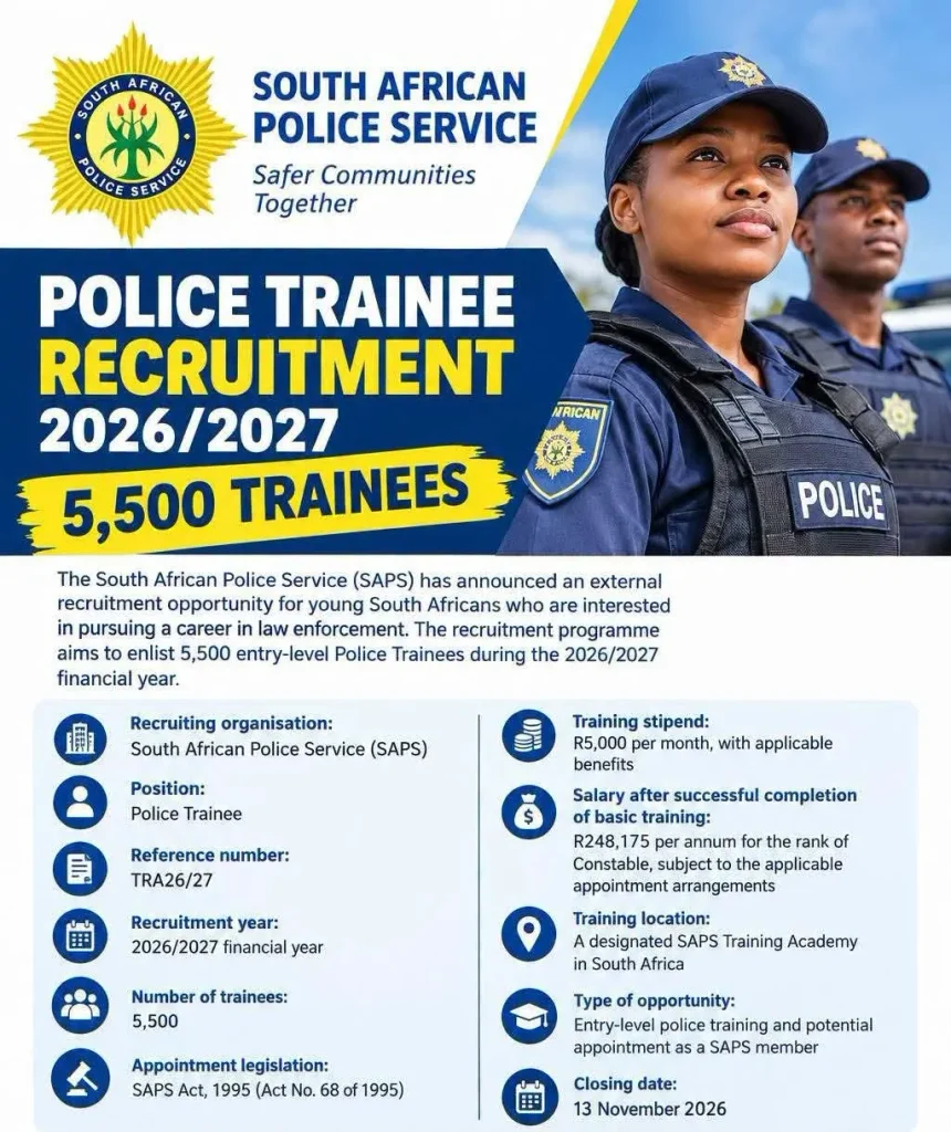 Police Trainees preparing to join the South African Police Service during the 2026/2027 recruitment drive.